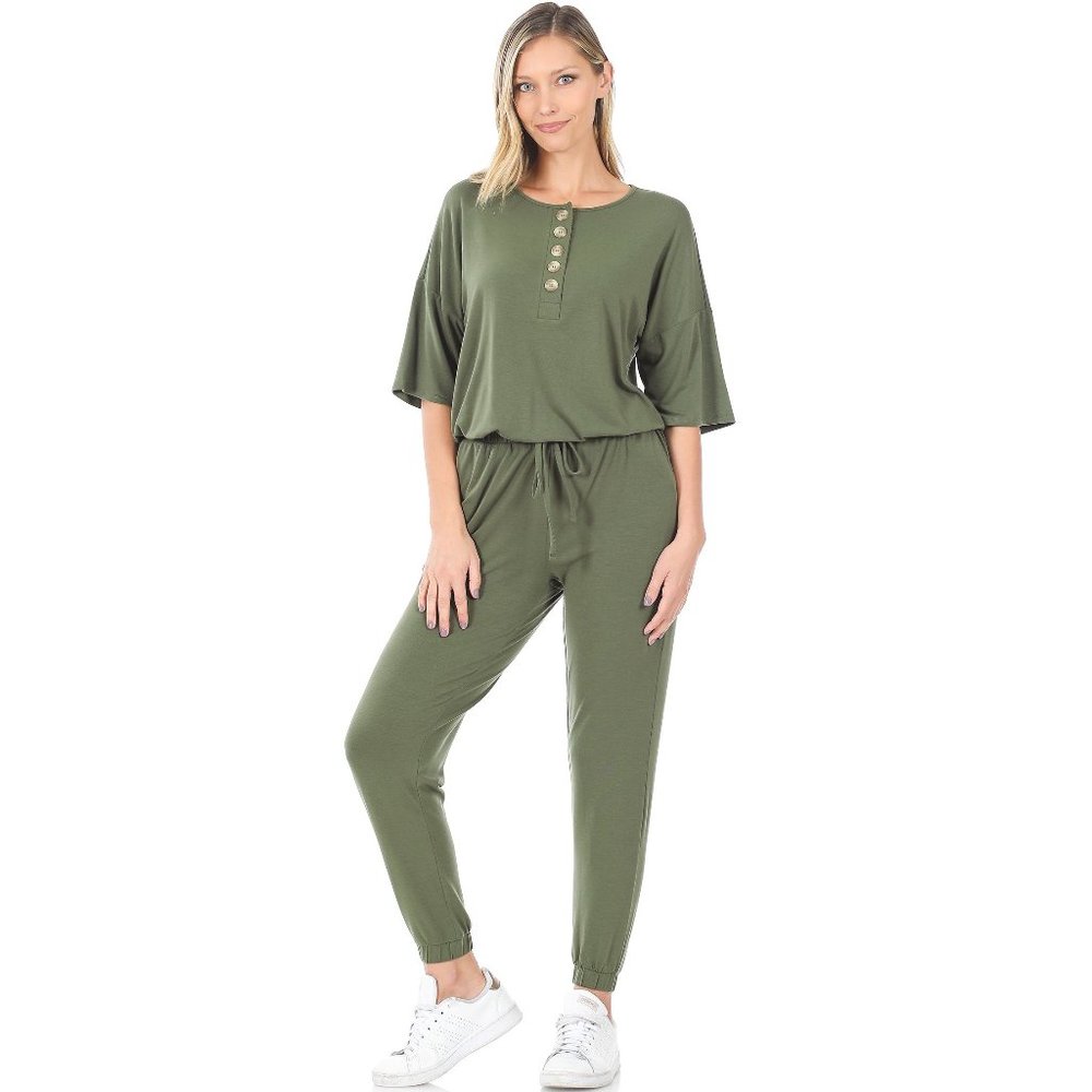 Women's Sporty Casual Jumper Elastic Waistband & Top Button Light Olive